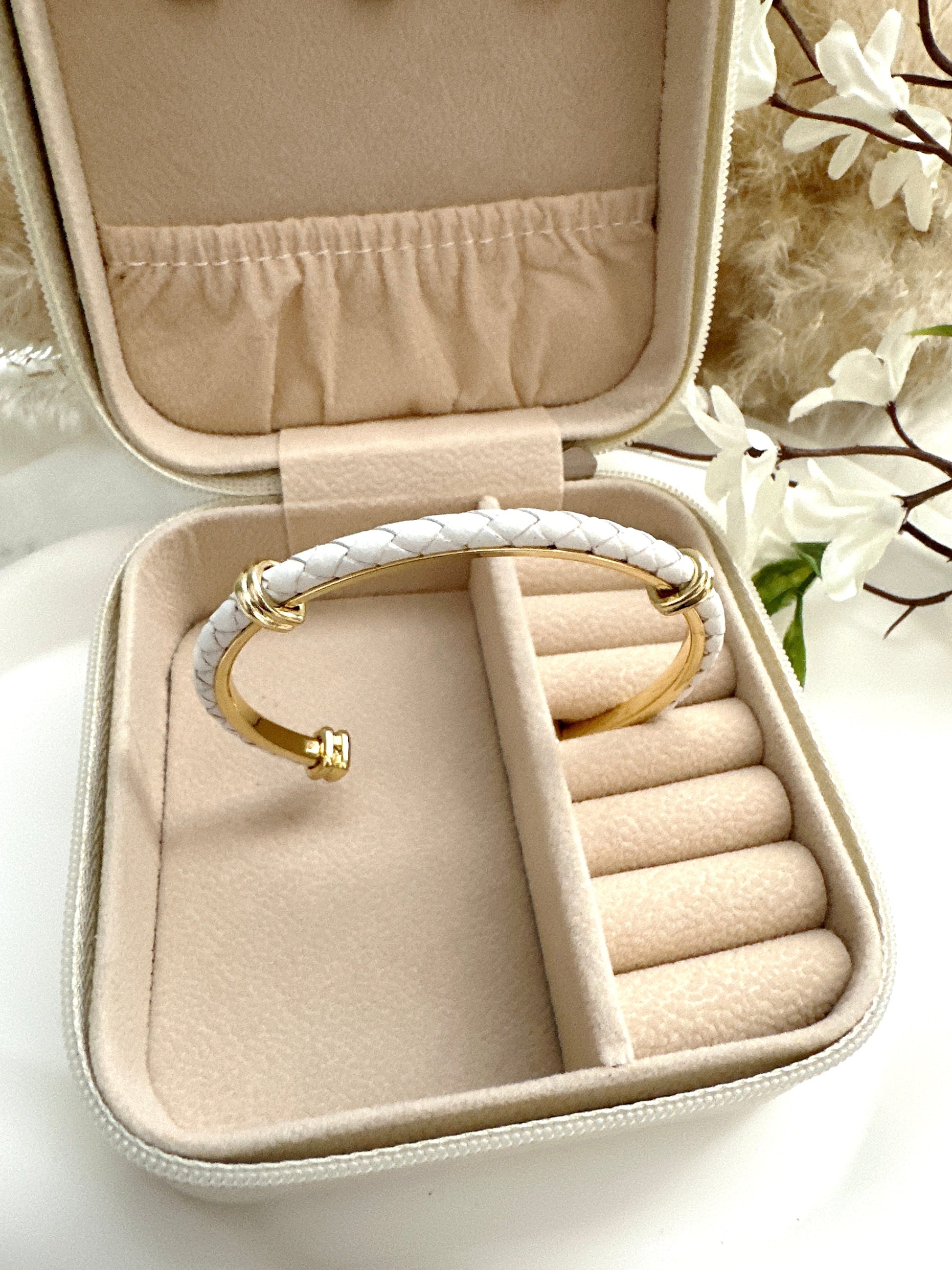 White Braided Leather Bangle Adorn U