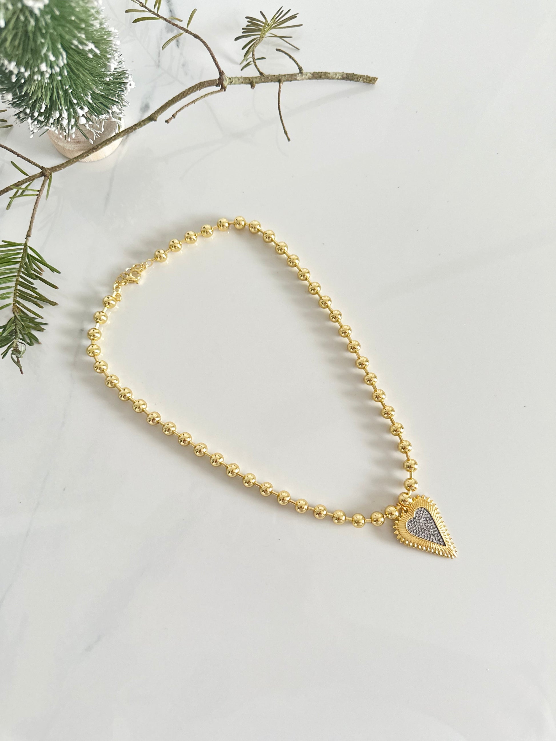 Beaded Pave Two Tone Heart Necklace - Adorn U