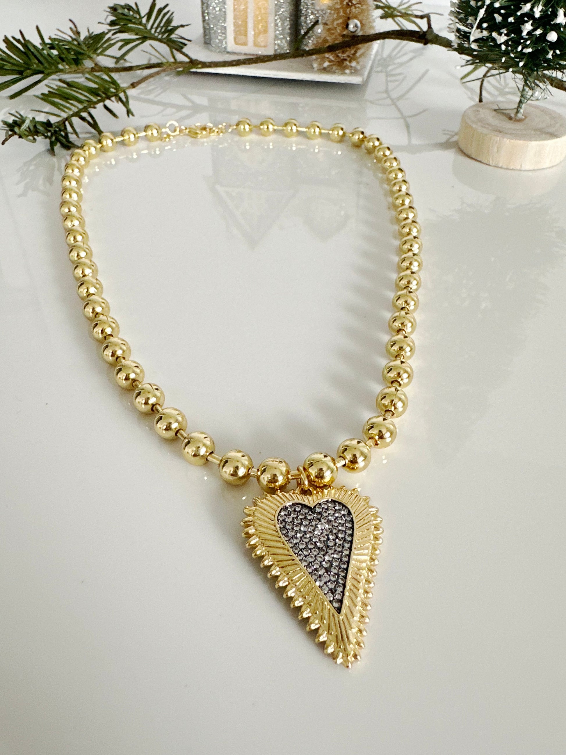 Beaded Pave Two Tone Heart Necklace - Adorn U