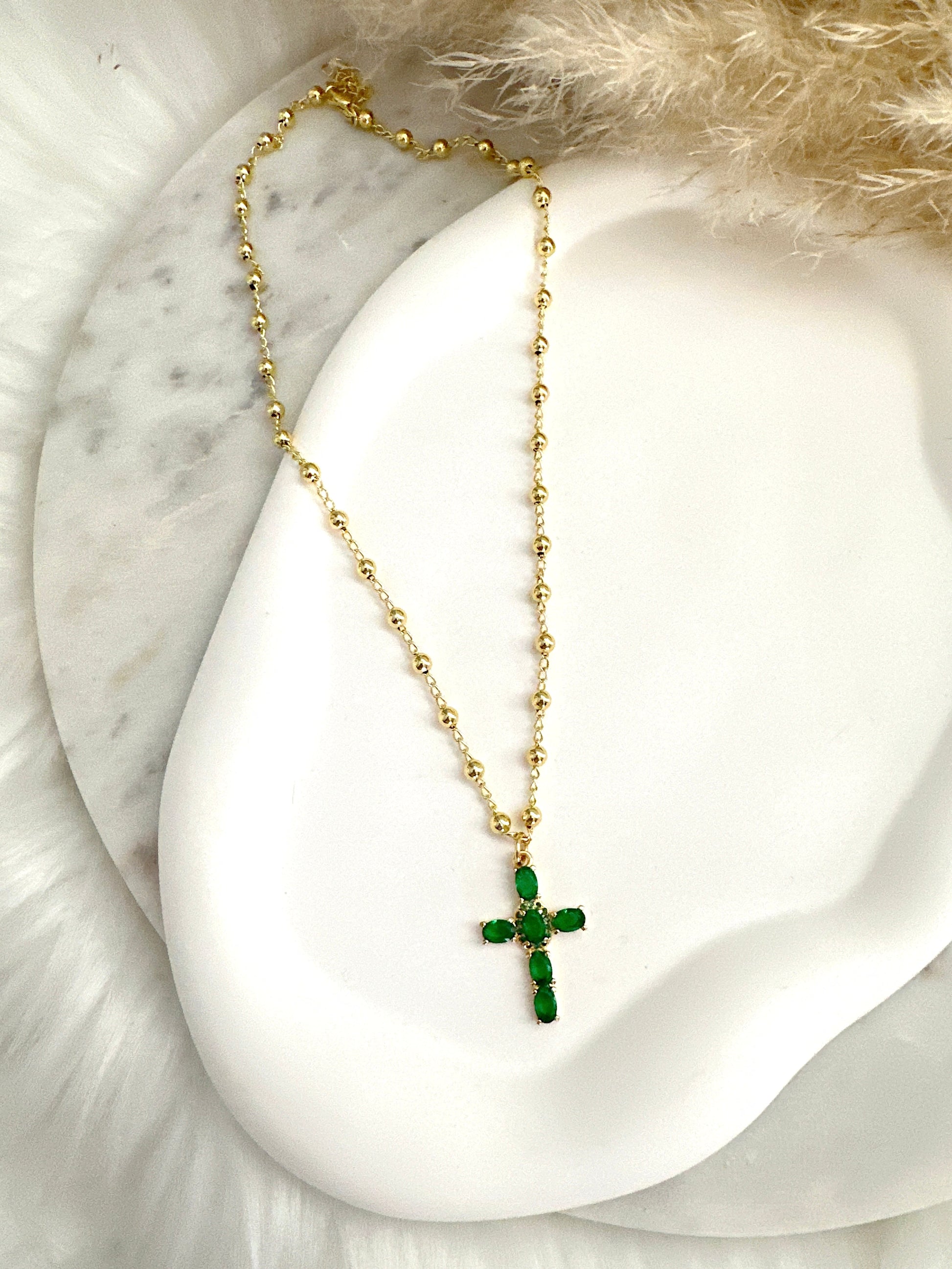 Emerald Cross Beaded Necklace Adorn U