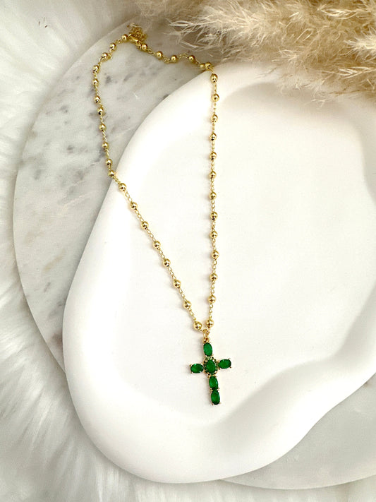 Emerald Cross Beaded Necklace Adorn U