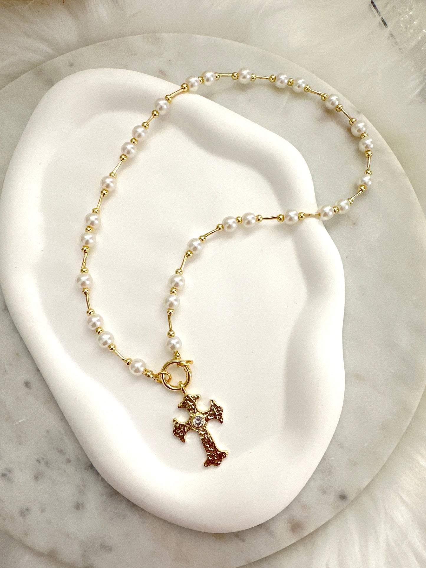 Gloria Pearl and Cross Necklace Adorn U