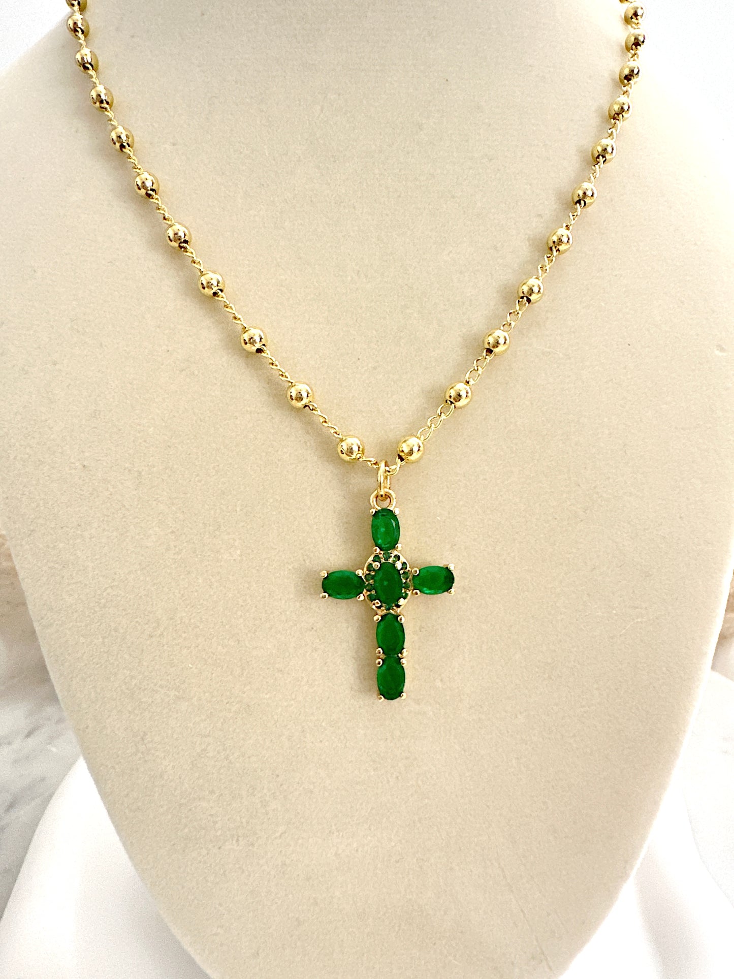 Emerald Cross Beaded Necklace