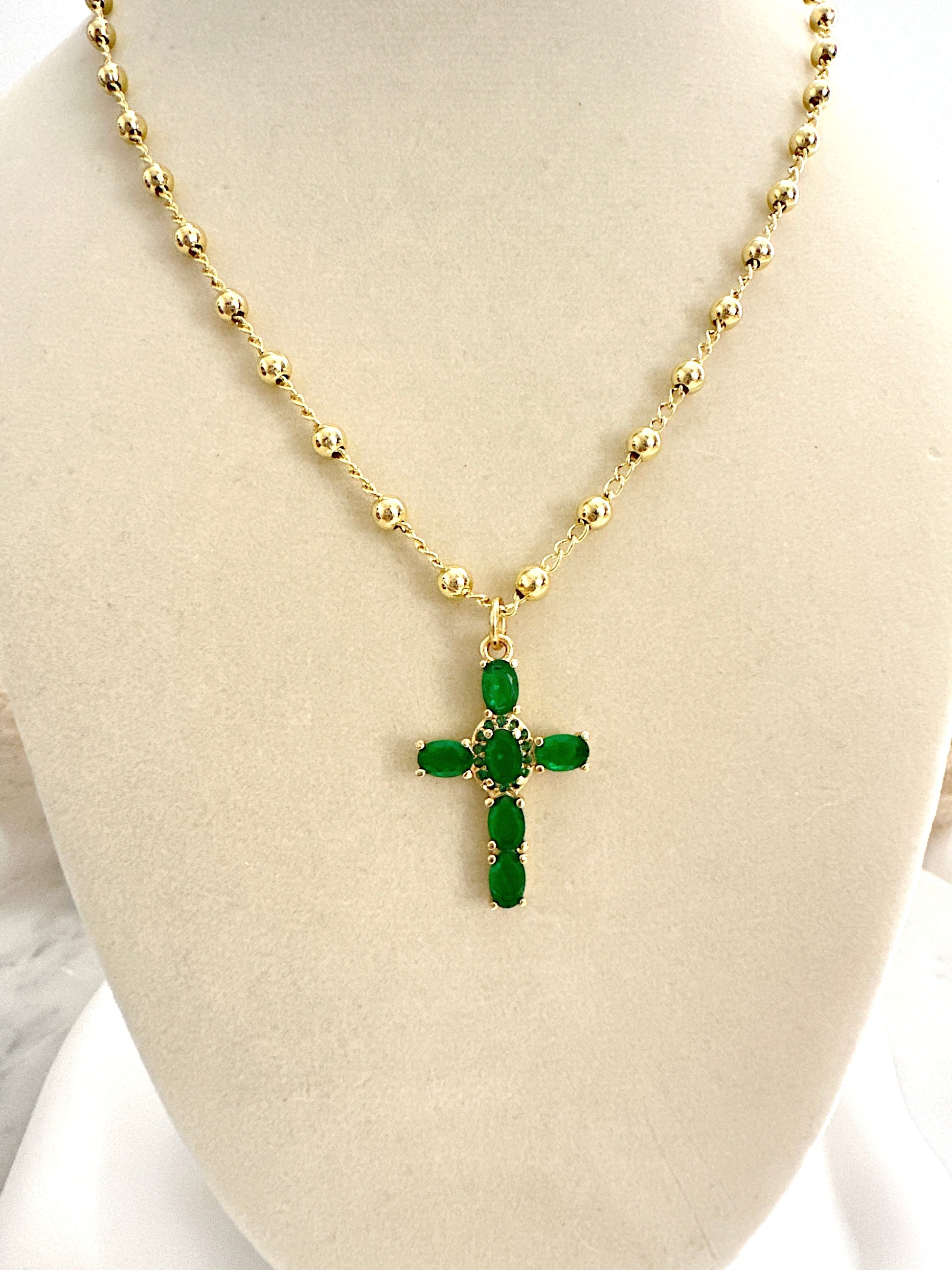 Emerald Cross Beaded Necklace Adorn U