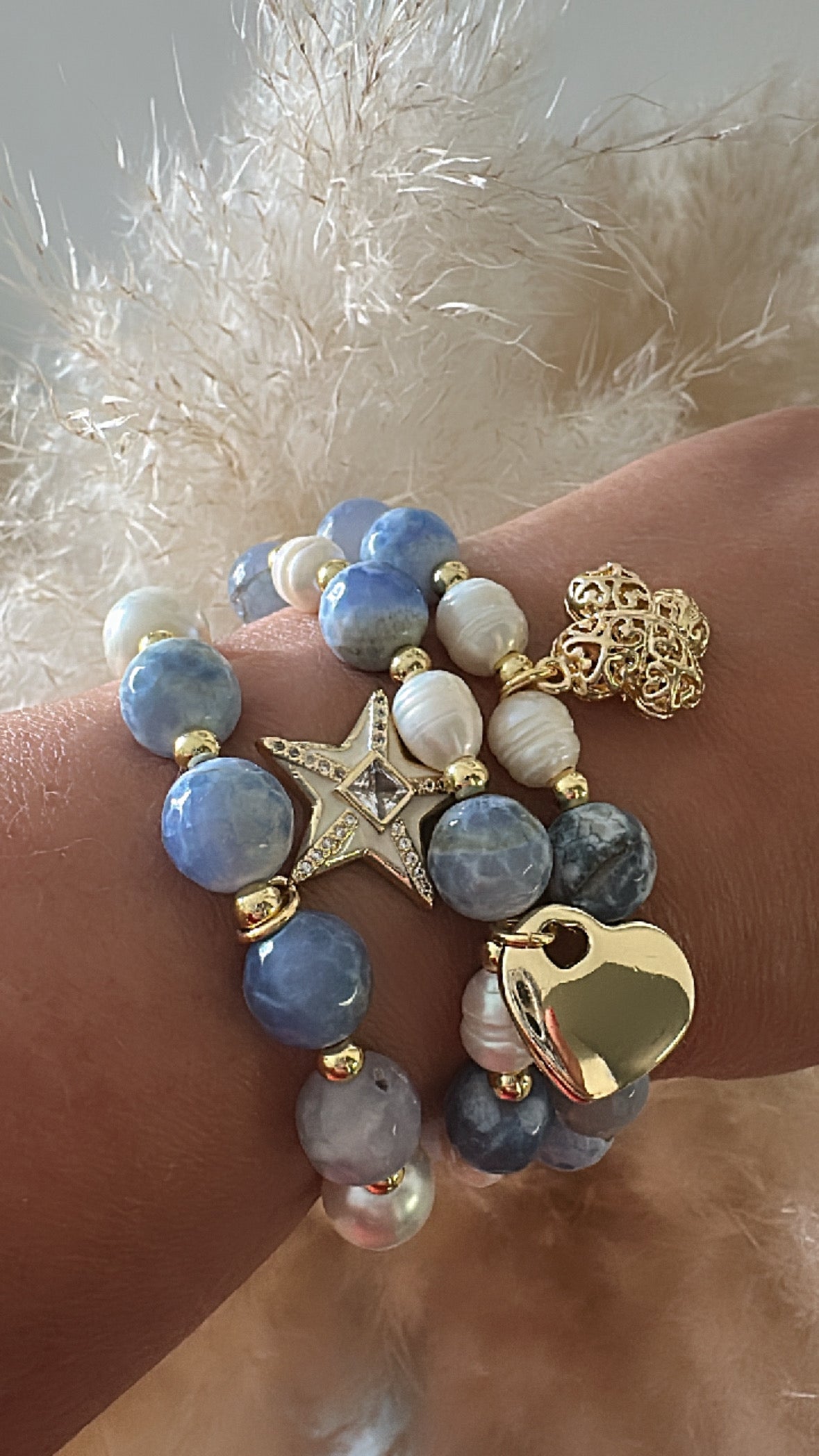 Blue Agate and Freshwater Pearl Stack Adorn U