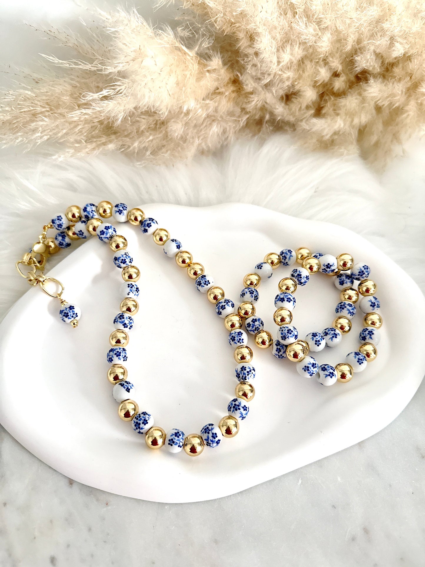 Blue and white Porcelain Necklace Adorn U