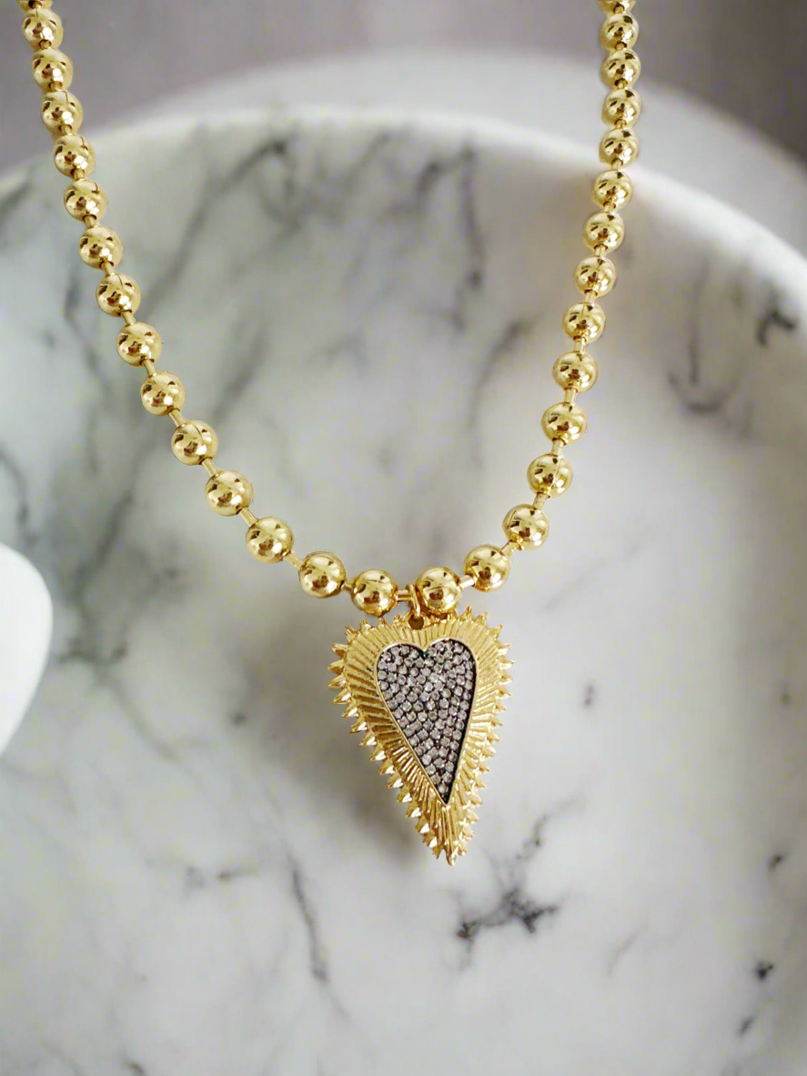 Beaded Pave Two Tone Heart Necklace