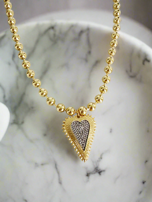 Beaded Pave Two Tone Heart Necklace Adorn U
