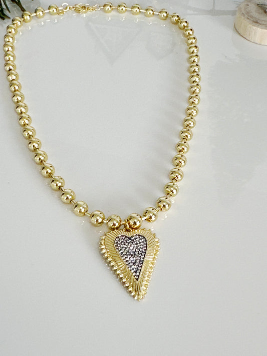 Beaded Pave Two Tone Heart Necklace - Adorn U