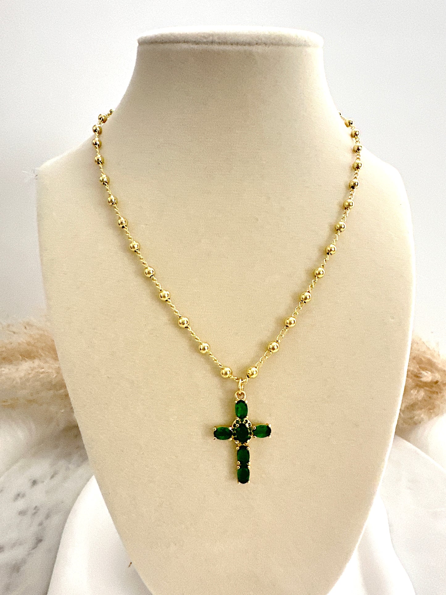 Emerald Cross Beaded Necklace