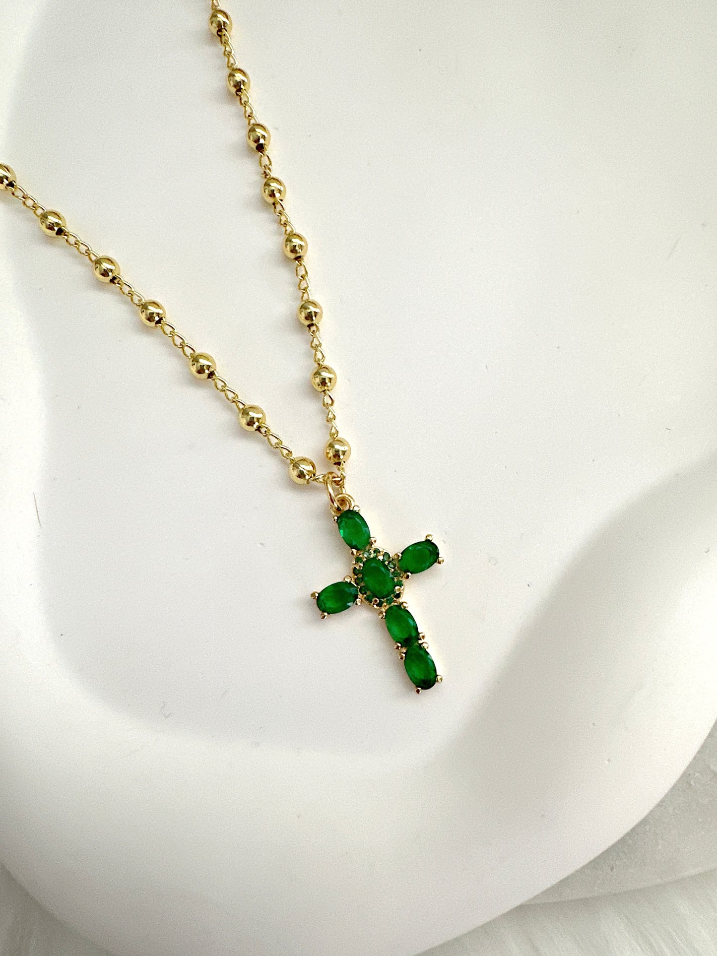 Emerald Cross Beaded Necklace