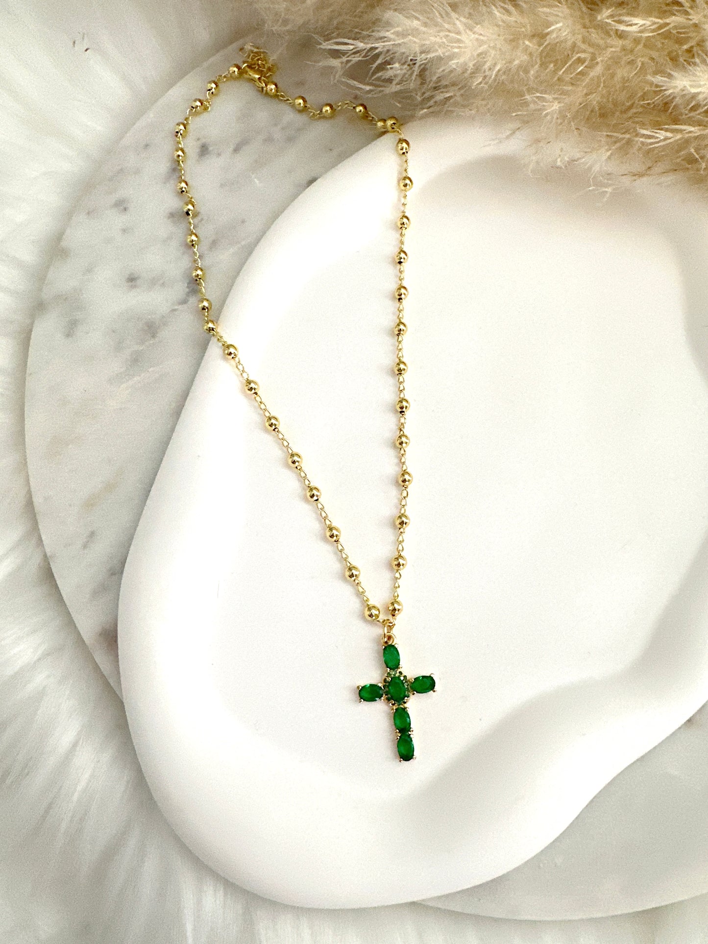 Emerald Cross Beaded Necklace