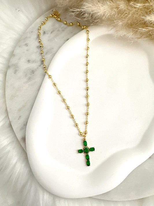 Emerald Cross Beaded Necklace