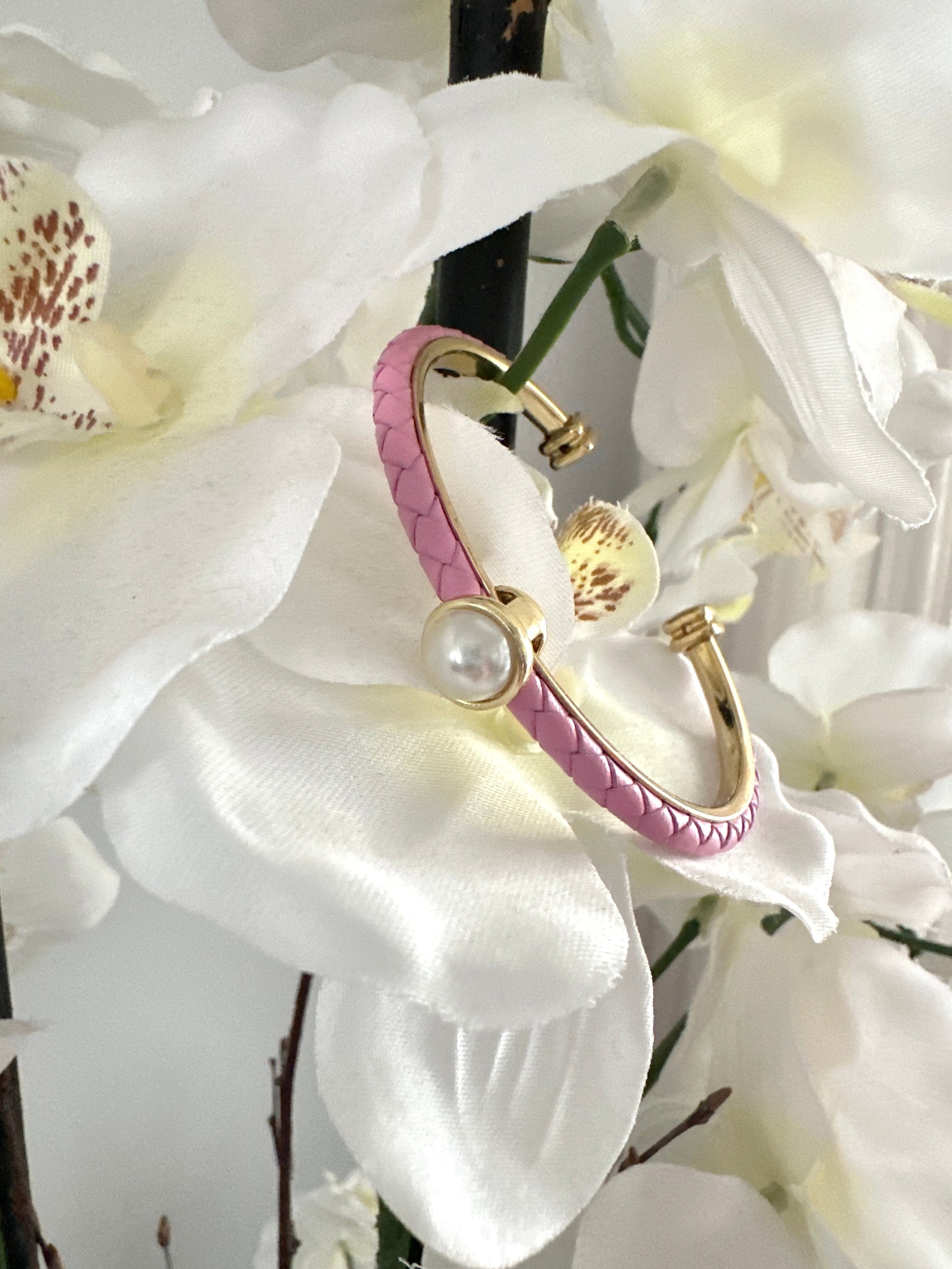 Pearl Leather Braided Bangle Adorn U